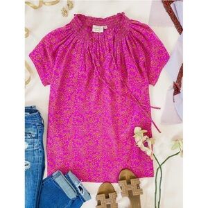 Rungolee Louise Blouse Silk Top‎ in Berry French Floral Pink Smocked Size Medium